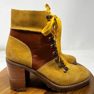 Frye & Co Boots Womens 8.5 Cognac Leather Rayner Hiker Shearling Block‎ Heel